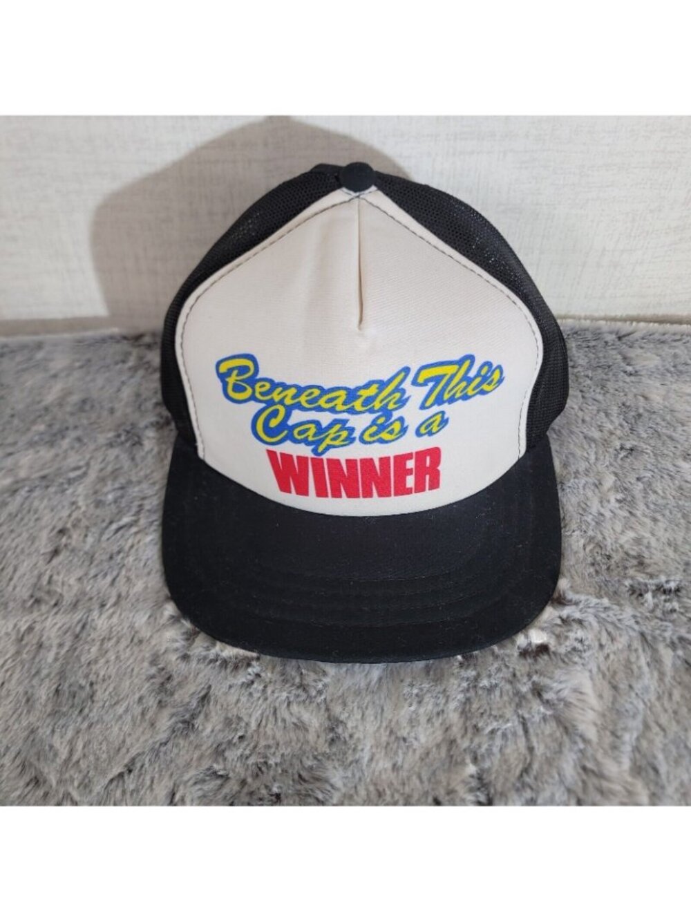 Vintage 80s Beneath This Cap Is A Winner Trucker Hat Snapback Mesh USA Humor - Picture 2 of 6